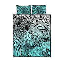 Beauty and The Warrior Polynesian Valentine Quilt Bed Set Hibiscus FLowers Turquoise Style LT9 Turquoise - Polynesian Pride