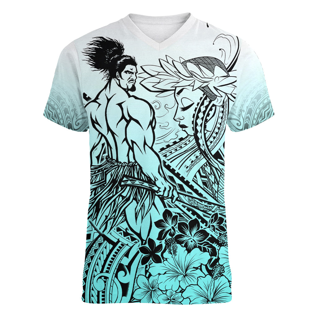Beauty and The Warrior Polynesian Valentine Women V Neck T Shirt Hibiscus FLowers Turquoise Style LT9 Female Turquoise - Polynesian Pride