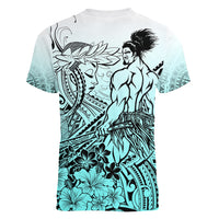 Beauty and The Warrior Polynesian Valentine Women V Neck T Shirt Hibiscus FLowers Turquoise Style LT9 - Polynesian Pride