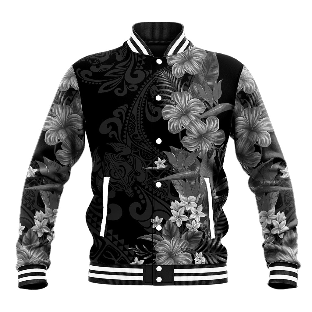 Hawaii Tropical Flowers Tribal Pattern Baseball Jacket Black Style LT9 Unisex Black - Polynesian Pride