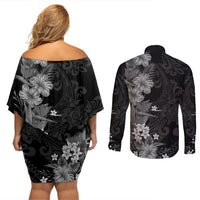Hawaii Tropical Flowers Tribal Pattern Couples Matching Off Shoulder Short Dress and Long Sleeve Button Shirt Black Style LT9 - Polynesian Pride