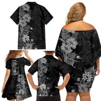Hawaii Tropical Flowers Tribal Pattern Family Matching Off Shoulder Short Dress and Hawaiian Shirt Black Style LT9 - Polynesian Pride