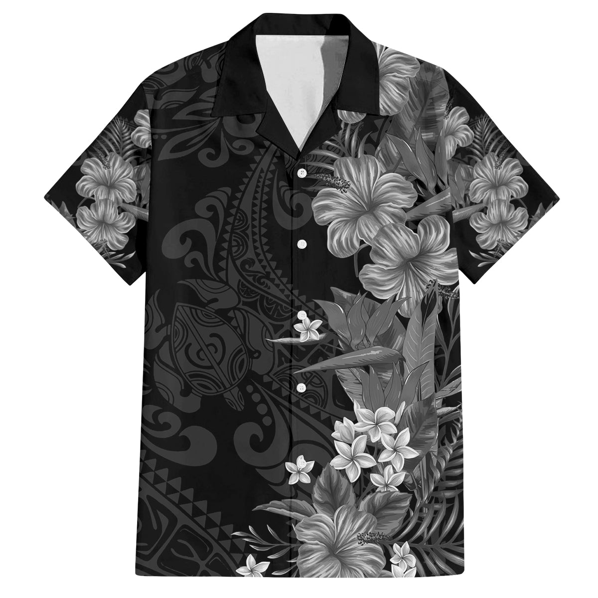 Hawaii Tropical Flowers Tribal Pattern Family Matching Off Shoulder Short Dress and Hawaiian Shirt Black Style LT9 Dad's Shirt - Short Sleeve Black - Polynesian Pride