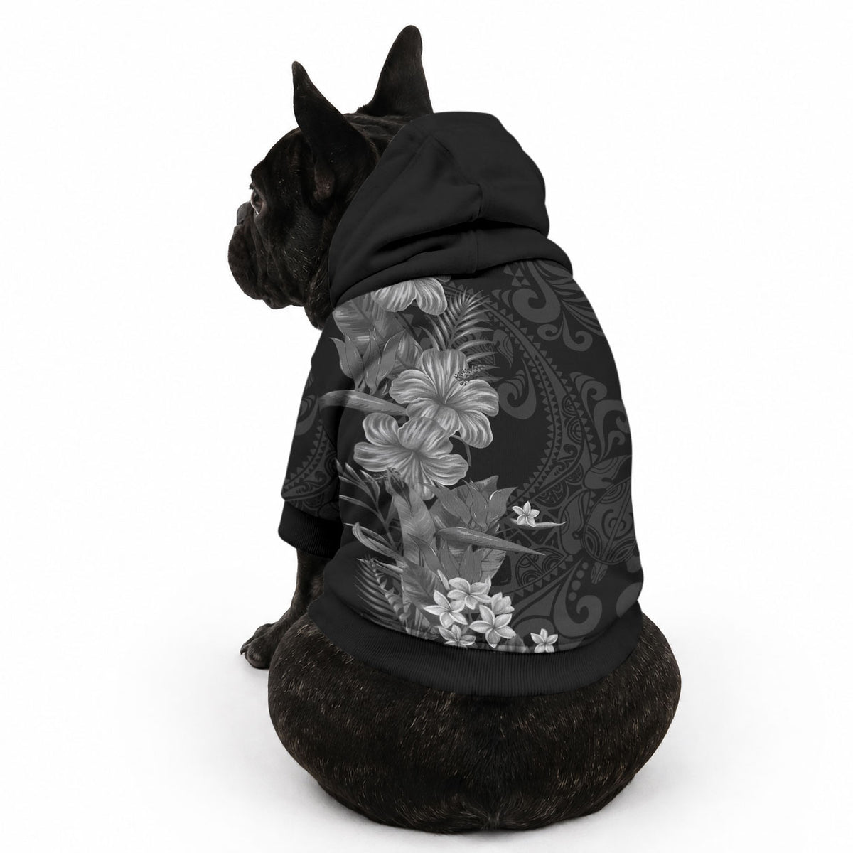Hawaii Tropical Flowers Tribal Pattern Pet Hoodie Black Style LT9 - Polynesian Pride