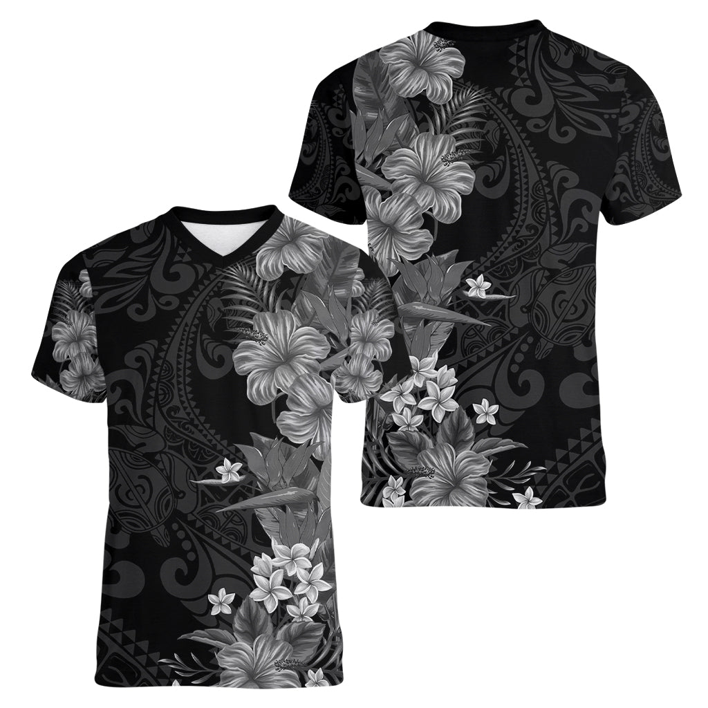 Hawaii Tropical Flowers Tribal Pattern Women V Neck T Shirt Black Style LT9 - Polynesian Pride