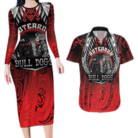 Aotearoa Bulldog Personalised Couples Matching Long Sleeve Bodycon Dress and Hawaiian Shirt Maori Kowhaiwhai Motif LT9 Red - Polynesian Pride