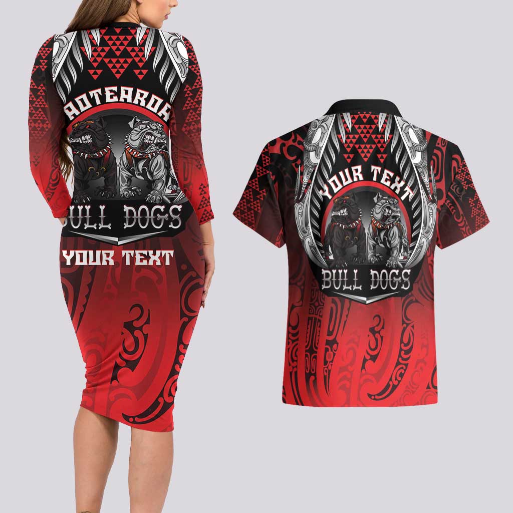 Aotearoa Bulldog Personalised Couples Matching Long Sleeve Bodycon Dress and Hawaiian Shirt Maori Kowhaiwhai Motif LT9 - Polynesian Pride