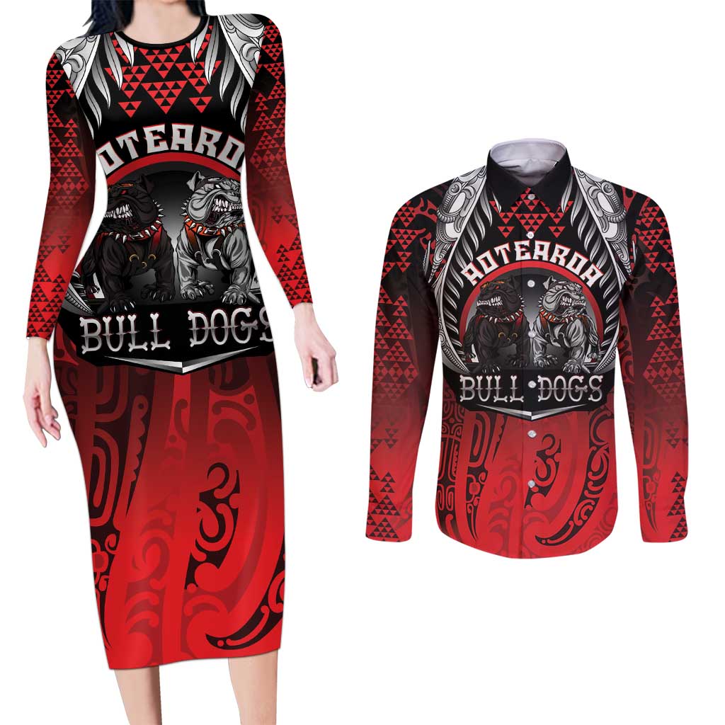 Aotearoa Bulldog Personalised Couples Matching Long Sleeve Bodycon Dress and Long Sleeve Button Shirt Maori Kowhaiwhai Motif LT9 Red - Polynesian Pride