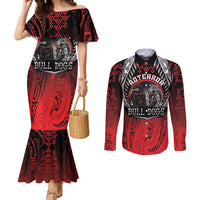 Aotearoa Bulldog Personalised Couples Matching Mermaid Dress and Long Sleeve Button Shirt Maori Kowhaiwhai Motif LT9 Red - Polynesian Pride