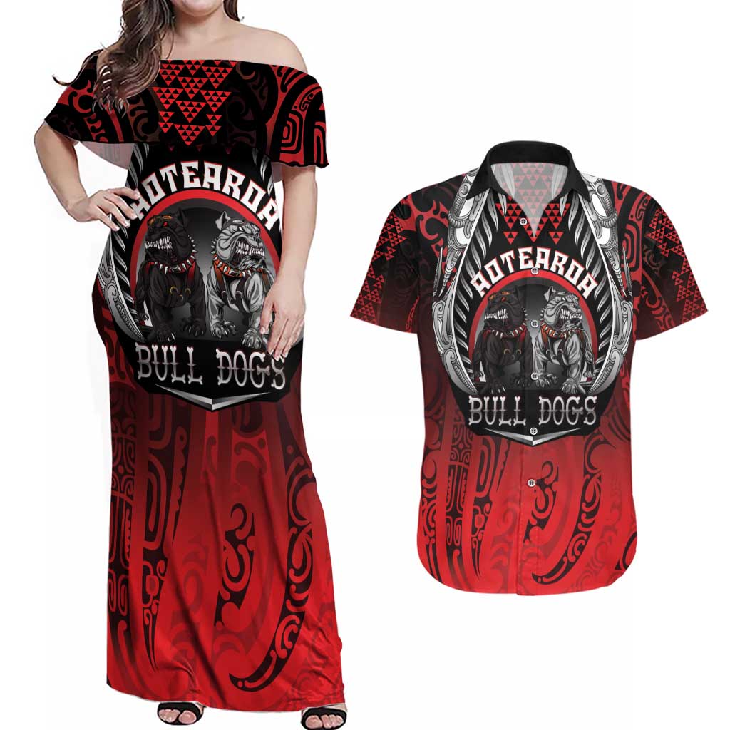 Aotearoa Bulldog Personalised Couples Matching Off Shoulder Maxi Dress and Hawaiian Shirt Maori Kowhaiwhai Motif LT9 Red - Polynesian Pride