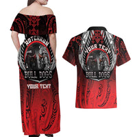 Aotearoa Bulldog Personalised Couples Matching Off Shoulder Maxi Dress and Hawaiian Shirt Maori Kowhaiwhai Motif LT9 - Polynesian Pride