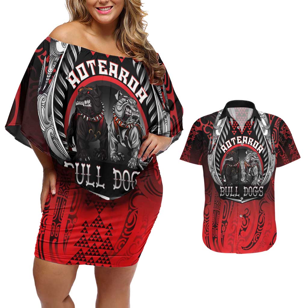 Aotearoa Bulldog Personalised Couples Matching Off Shoulder Short Dress and Hawaiian Shirt Maori Kowhaiwhai Motif LT9 Red - Polynesian Pride