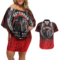 Aotearoa Bulldog Personalised Couples Matching Off Shoulder Short Dress and Hawaiian Shirt Maori Kowhaiwhai Motif LT9 Red - Polynesian Pride