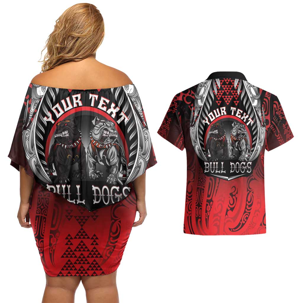 Aotearoa Bulldog Personalised Couples Matching Off Shoulder Short Dress and Hawaiian Shirt Maori Kowhaiwhai Motif LT9 - Polynesian Pride