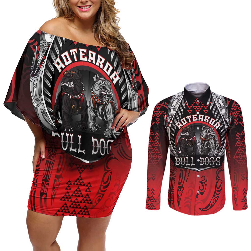 Aotearoa Bulldog Personalised Couples Matching Off Shoulder Short Dress and Long Sleeve Button Shirt Maori Kowhaiwhai Motif LT9 Red - Polynesian Pride
