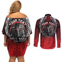 Aotearoa Bulldog Personalised Couples Matching Off Shoulder Short Dress and Long Sleeve Button Shirt Maori Kowhaiwhai Motif LT9 - Polynesian Pride