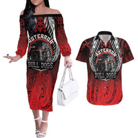 Aotearoa Bulldog Personalised Couples Matching Off The Shoulder Long Sleeve Dress and Hawaiian Shirt Maori Kowhaiwhai Motif LT9 Red - Polynesian Pride