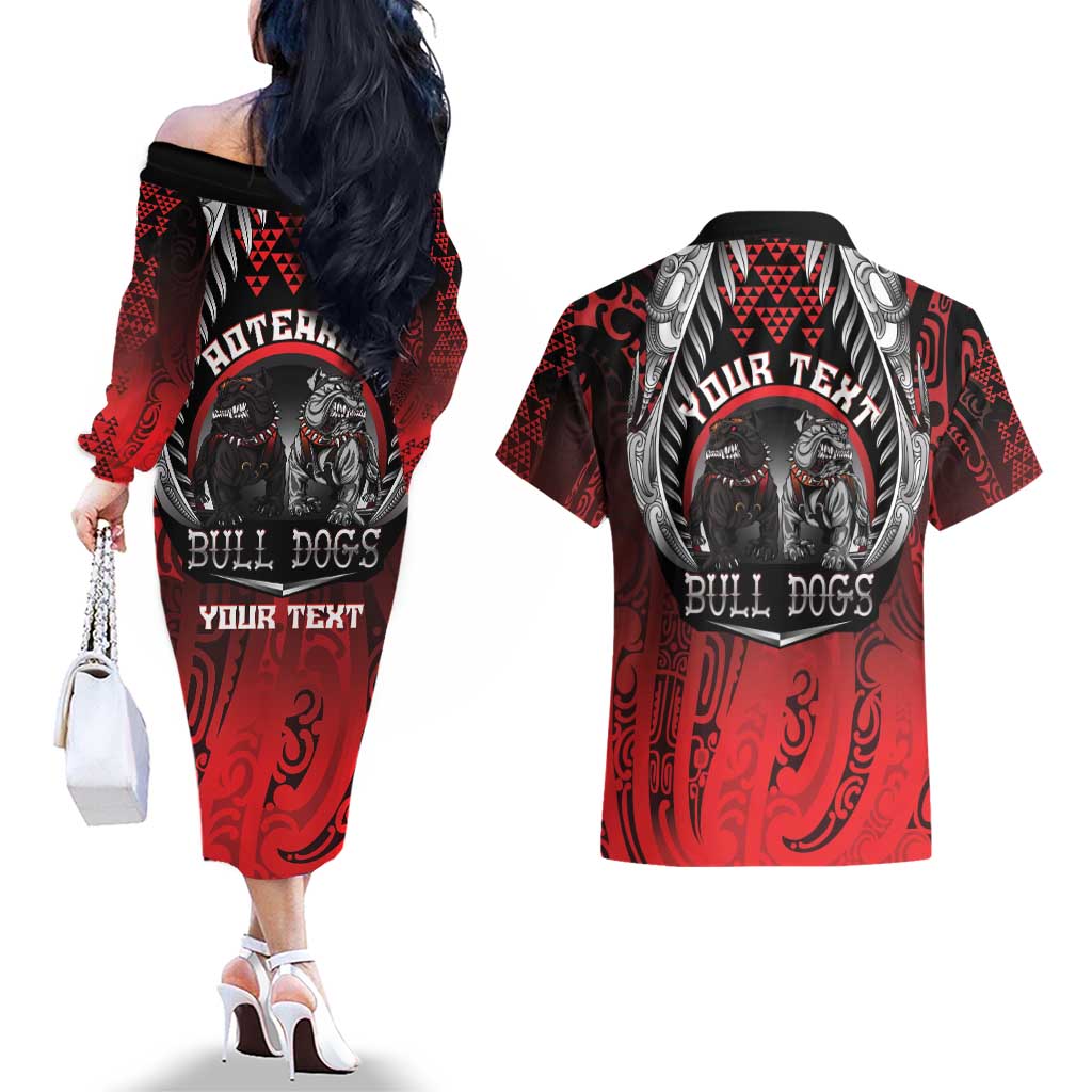 Aotearoa Bulldog Personalised Couples Matching Off The Shoulder Long Sleeve Dress and Hawaiian Shirt Maori Kowhaiwhai Motif LT9 - Polynesian Pride