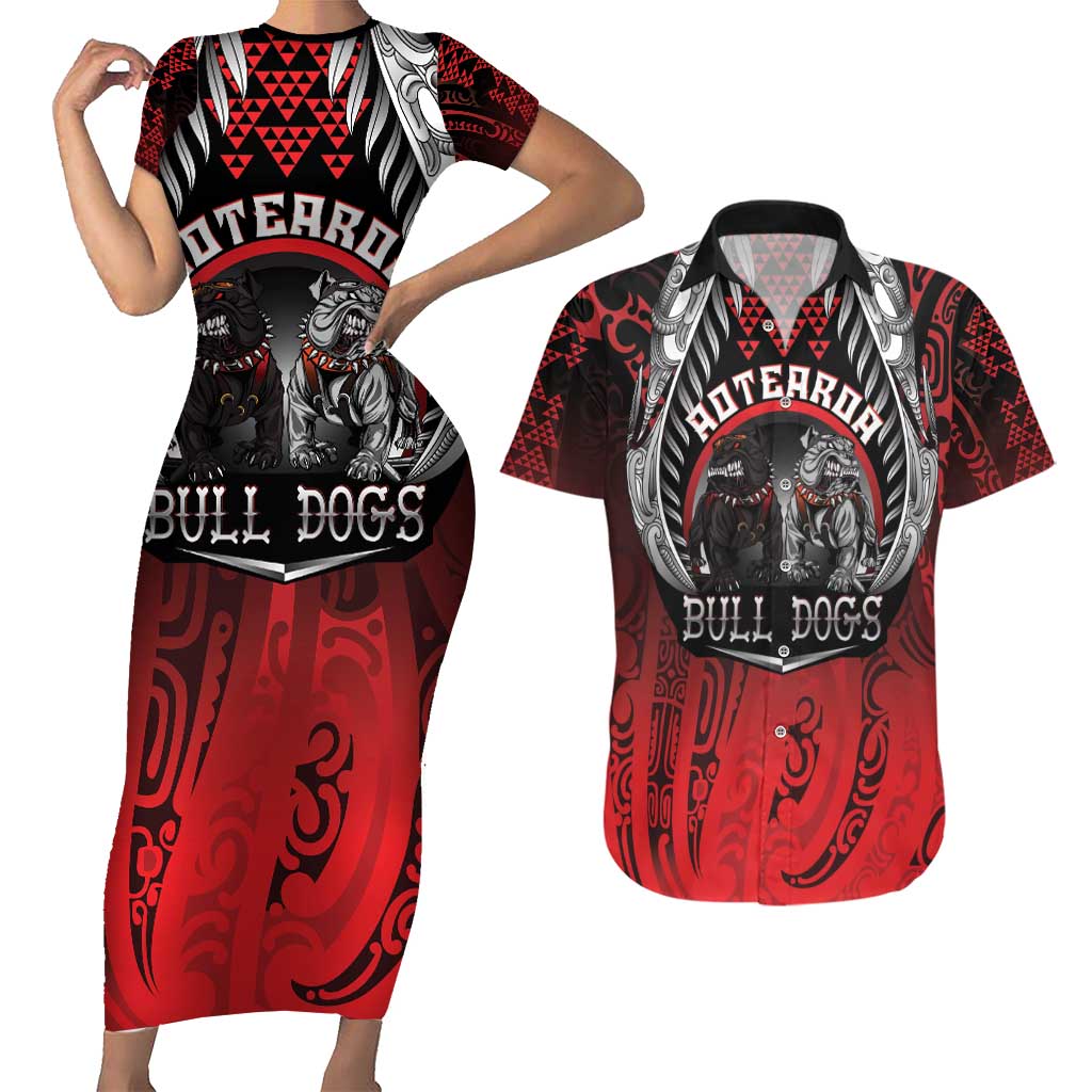 Aotearoa Bulldog Personalised Couples Matching Short Sleeve Bodycon Dress and Hawaiian Shirt Maori Kowhaiwhai Motif LT9 Red - Polynesian Pride