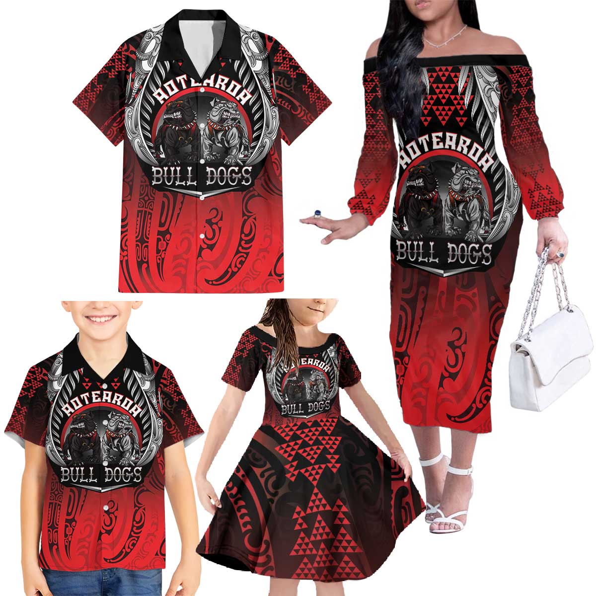 Aotearoa Bulldog Personalised Family Matching Off The Shoulder Long Sleeve Dress and Hawaiian Shirt Maori Kowhaiwhai Motif LT9 - Polynesian Pride