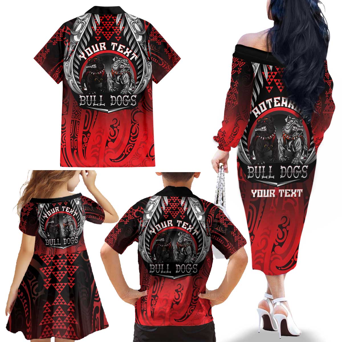 Aotearoa Bulldog Personalised Family Matching Off The Shoulder Long Sleeve Dress and Hawaiian Shirt Maori Kowhaiwhai Motif LT9 - Polynesian Pride