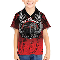 Aotearoa Bulldog Personalised Family Matching Off The Shoulder Long Sleeve Dress and Hawaiian Shirt Maori Kowhaiwhai Motif LT9 Son's Shirt Red - Polynesian Pride