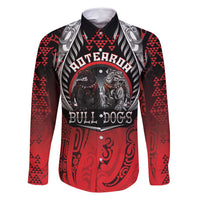 Aotearoa Bulldog Personalised Family Matching Off Shoulder Maxi Dress and Hawaiian Shirt Maori Kowhaiwhai Motif LT9 Dad's Shirt - Long Sleeve Red - Polynesian Pride