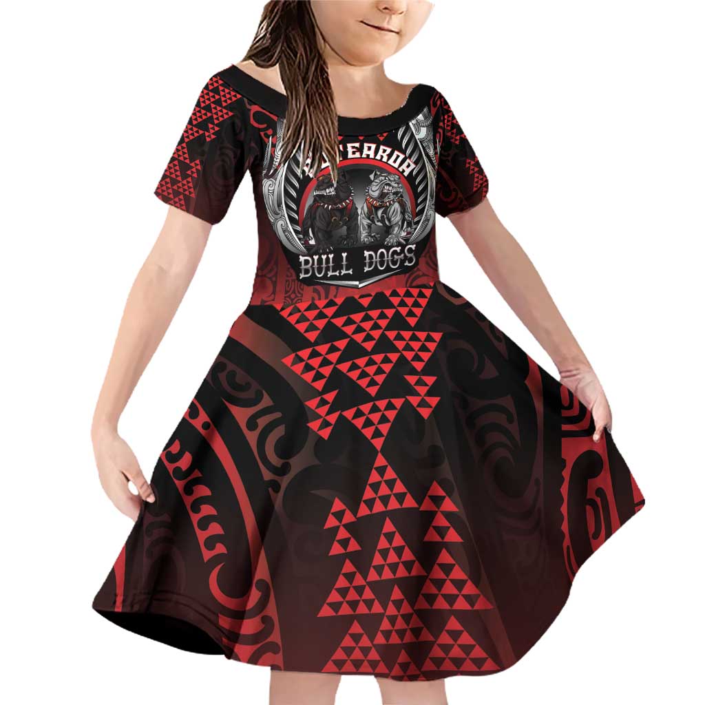 Aotearoa Bulldog Personalised Family Matching Off Shoulder Short Dress and Hawaiian Shirt Maori Kowhaiwhai Motif LT9 Daughter's Dress Red - Polynesian Pride