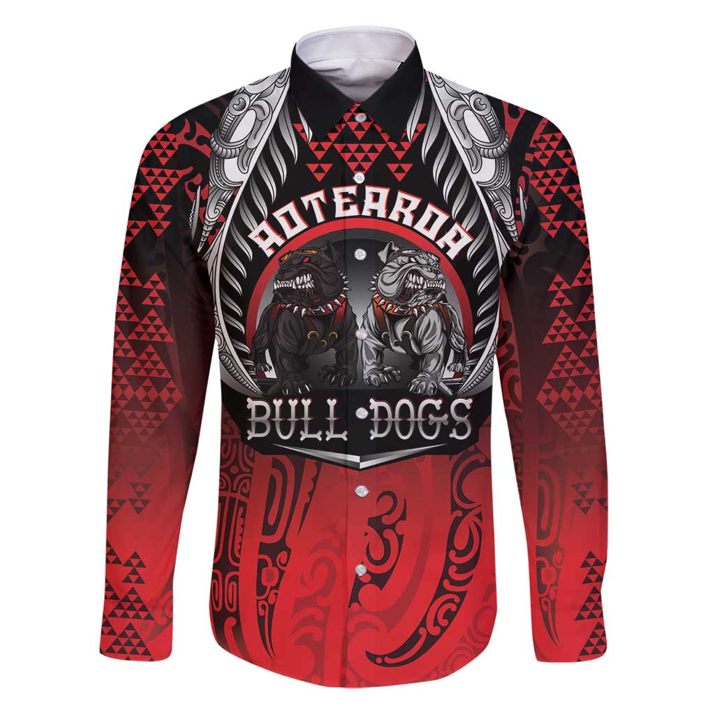 Aotearoa Bulldog Personalised Family Matching Puletasi and Hawaiian Shirt Maori Kowhaiwhai Motif LT9 Dad's Shirt - Long Sleeve Red - Polynesian Pride