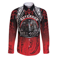Aotearoa Bulldog Personalised Family Matching Puletasi and Hawaiian Shirt Maori Kowhaiwhai Motif LT9 Dad's Shirt - Long Sleeve Red - Polynesian Pride