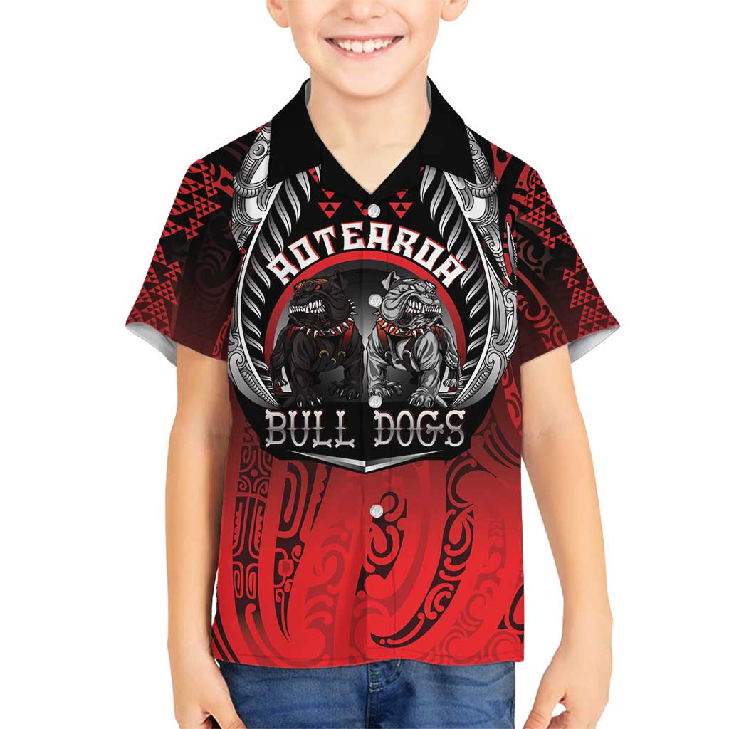 Aotearoa Bulldog Personalised Family Matching Puletasi and Hawaiian Shirt Maori Kowhaiwhai Motif LT9 Son's Shirt Red - Polynesian Pride