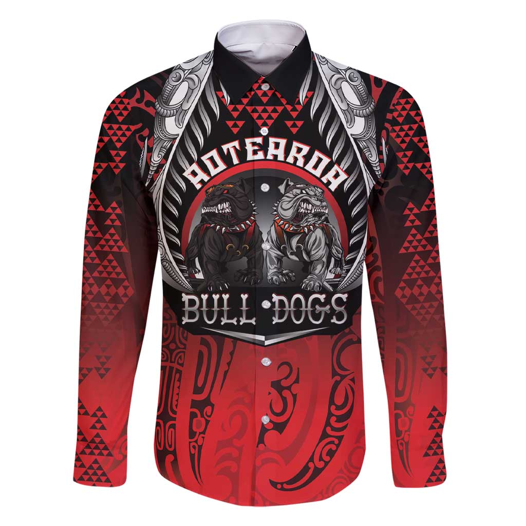 Aotearoa Bulldog Personalised Family Matching Short Sleeve Bodycon Dress and Hawaiian Shirt Maori Kowhaiwhai Motif LT9 Dad's Shirt - Long Sleeve Red - Polynesian Pride