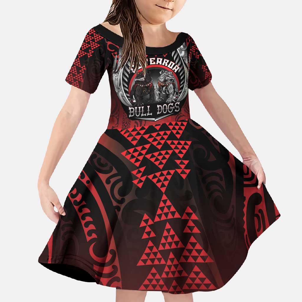 Aotearoa Bulldog Personalised Family Matching Summer Maxi Dress and Hawaiian Shirt Maori Kowhaiwhai Motif LT9 Daughter's Dress Red - Polynesian Pride