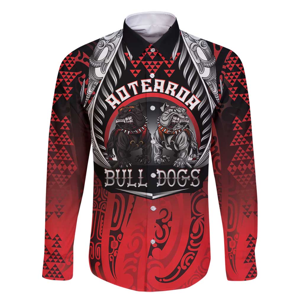 Aotearoa Bulldog Personalised Family Matching Tank Maxi Dress and Hawaiian Shirt Maori Kowhaiwhai Motif LT9 Dad's Shirt - Long Sleeve Red - Polynesian Pride
