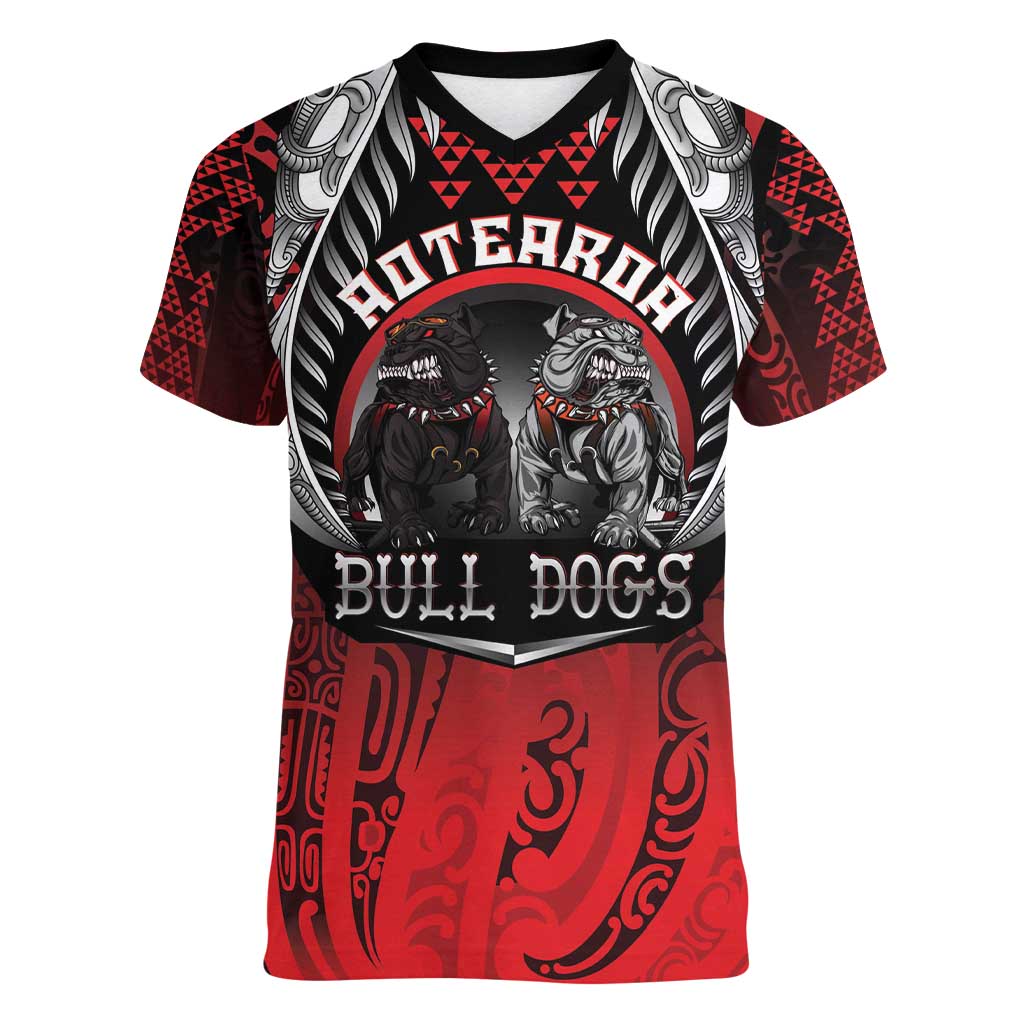 Aotearoa Bulldog Personalised Women V-Neck T-Shirt Maori Kowhaiwhai Motif LT9 Female Red - Polynesian Pride