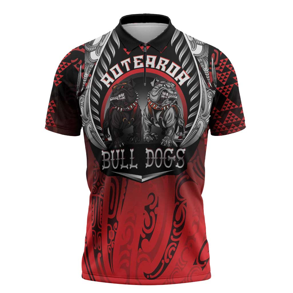 Aotearoa Bulldog Personalised Zipper Polo Shirt Maori Kowhaiwhai Motif - Polynesian Pride