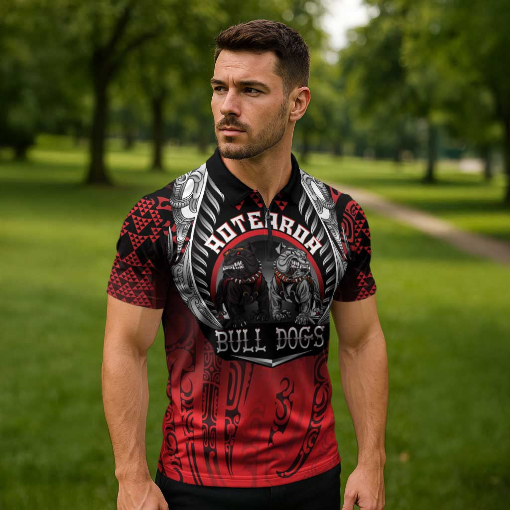 Aotearoa Bulldog Personalised Zipper Polo Shirt Maori Kowhaiwhai Motif - Polynesian Pride
