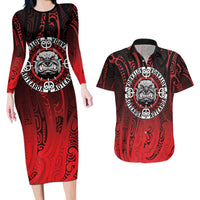 Aotearoa Bulldog Couples Matching Long Sleeve Bodycon Dress and Hawaiian Shirt New Zealand Kowhaiwhai Tribal LT9 Red - Polynesian Pride
