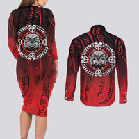 Aotearoa Bulldog Couples Matching Long Sleeve Bodycon Dress and Long Sleeve Button Shirt New Zealand Kowhaiwhai Tribal LT9 - Polynesian Pride