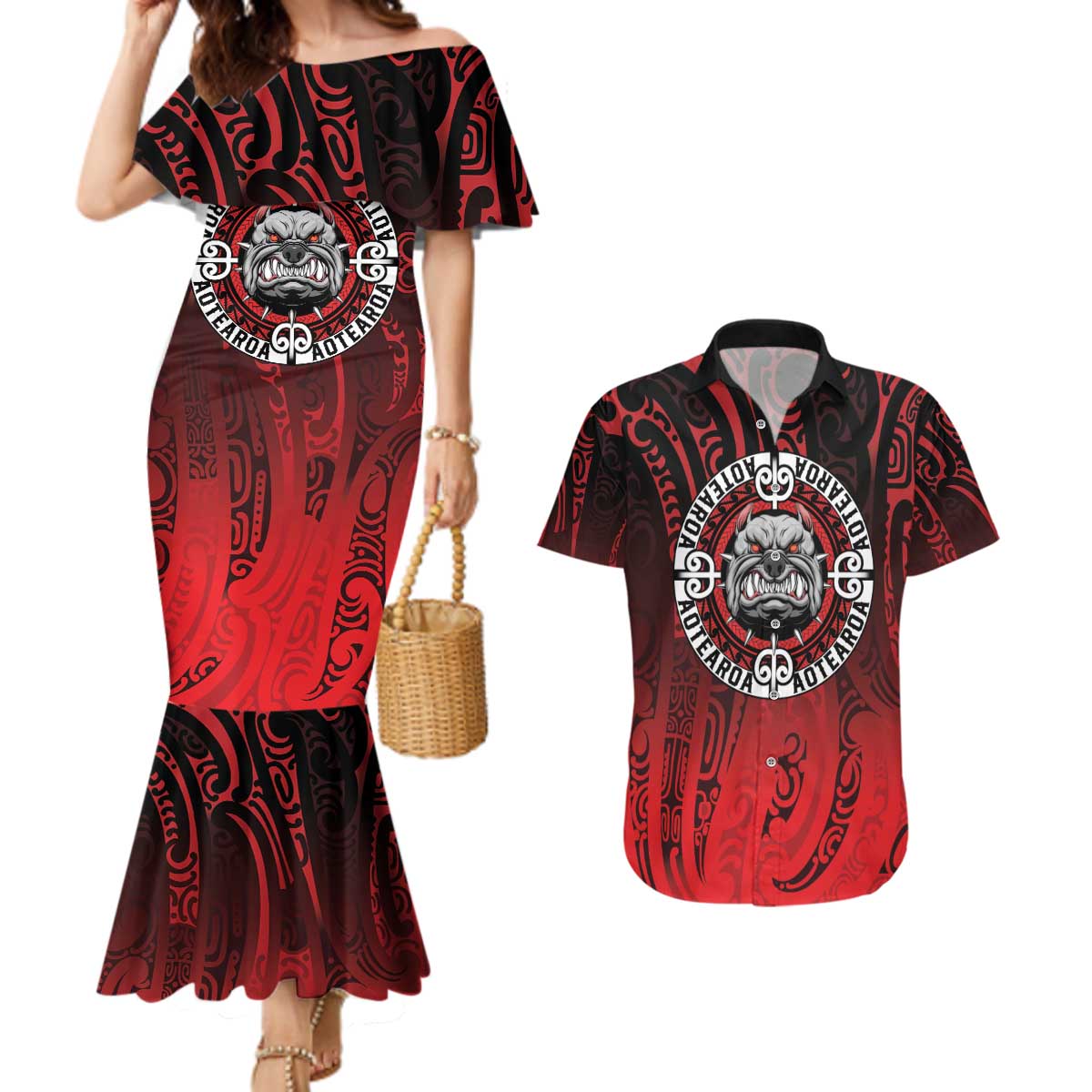 Aotearoa Bulldog Couples Matching Mermaid Dress and Hawaiian Shirt New Zealand Kowhaiwhai Tribal LT9 Red - Polynesian Pride