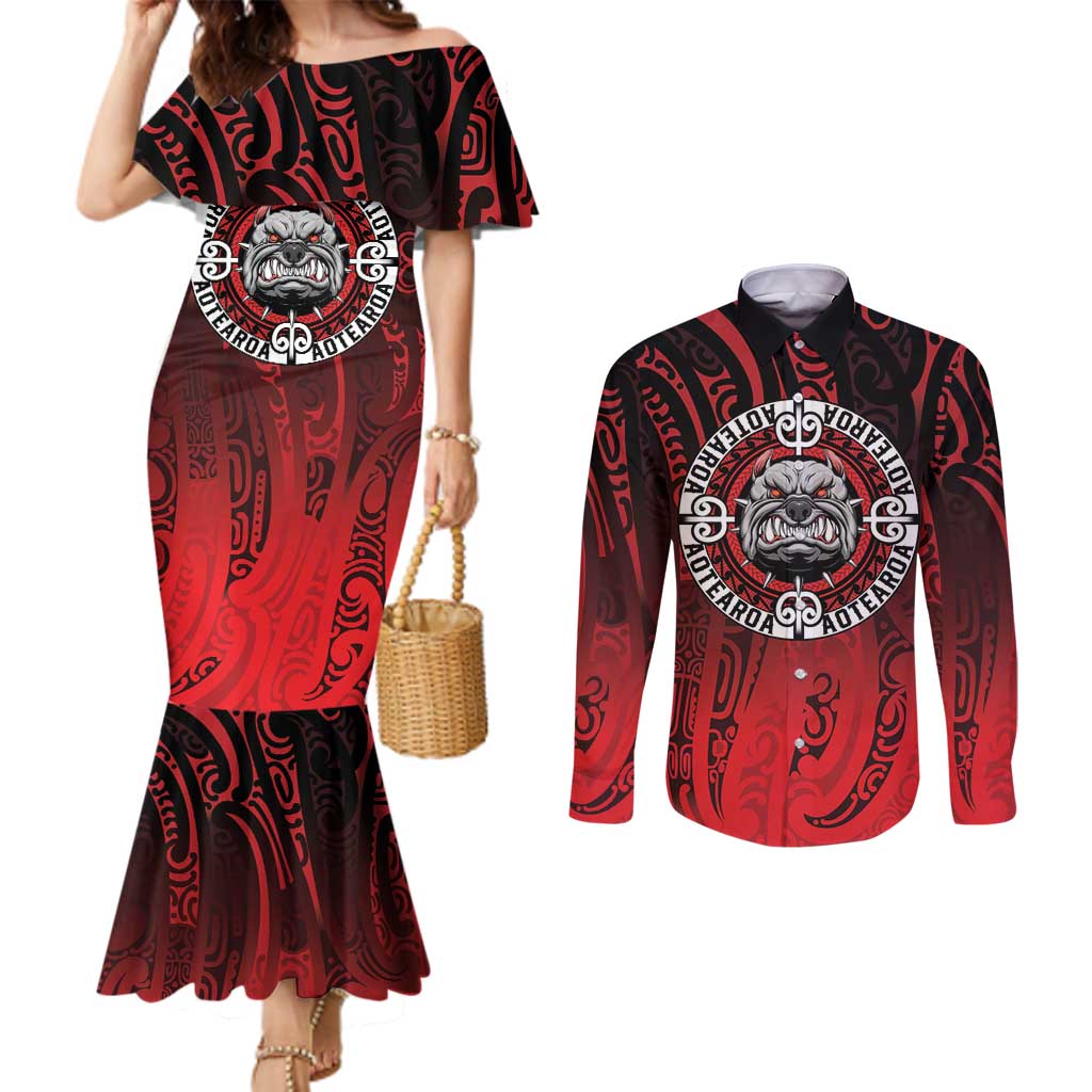 Aotearoa Bulldog Couples Matching Mermaid Dress and Long Sleeve Button Shirt New Zealand Kowhaiwhai Tribal LT9 Red - Polynesian Pride