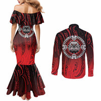 Aotearoa Bulldog Couples Matching Mermaid Dress and Long Sleeve Button Shirt New Zealand Kowhaiwhai Tribal LT9 - Polynesian Pride