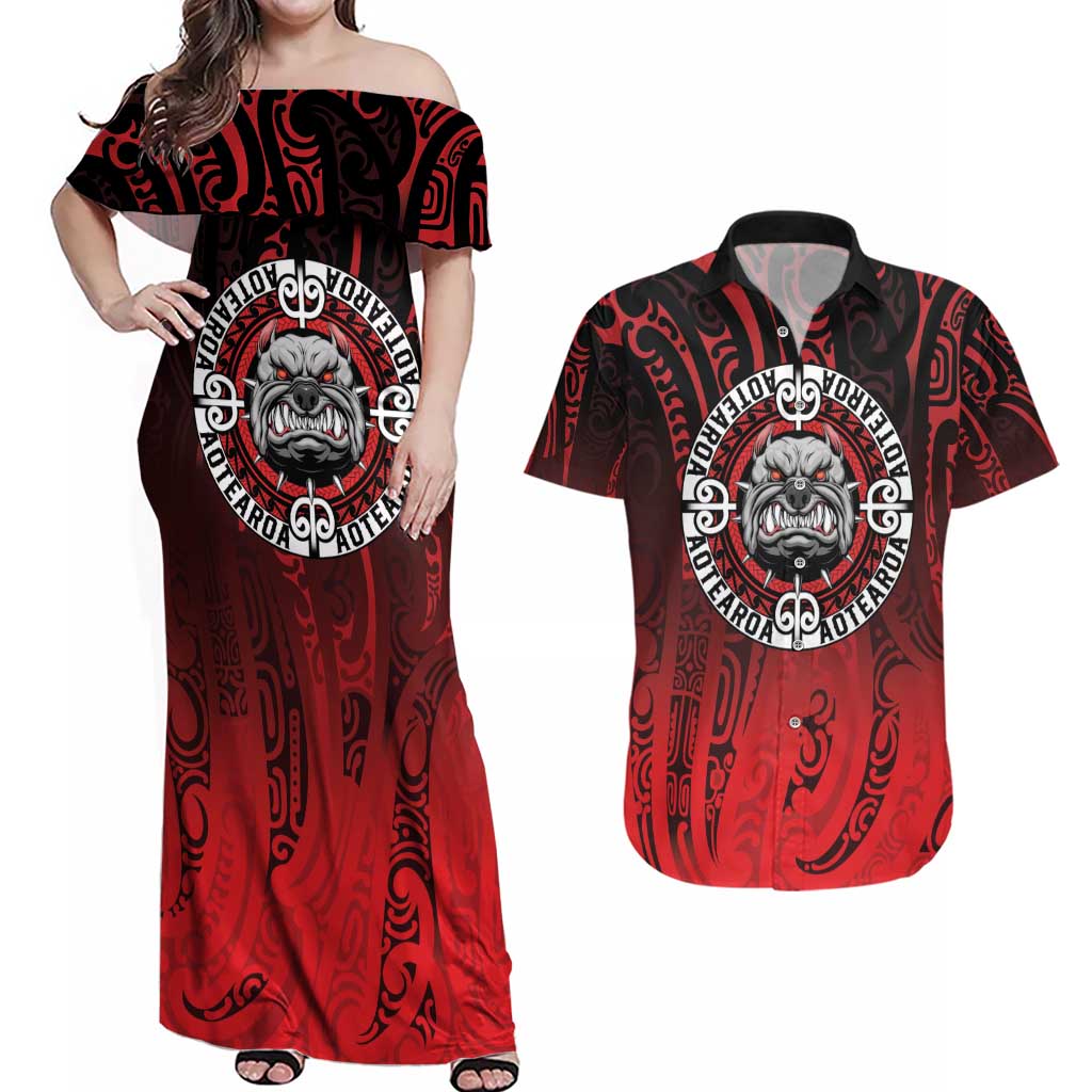 Aotearoa Bulldog Couples Matching Off Shoulder Maxi Dress and Hawaiian Shirt New Zealand Kowhaiwhai Tribal LT9 Red - Polynesian Pride