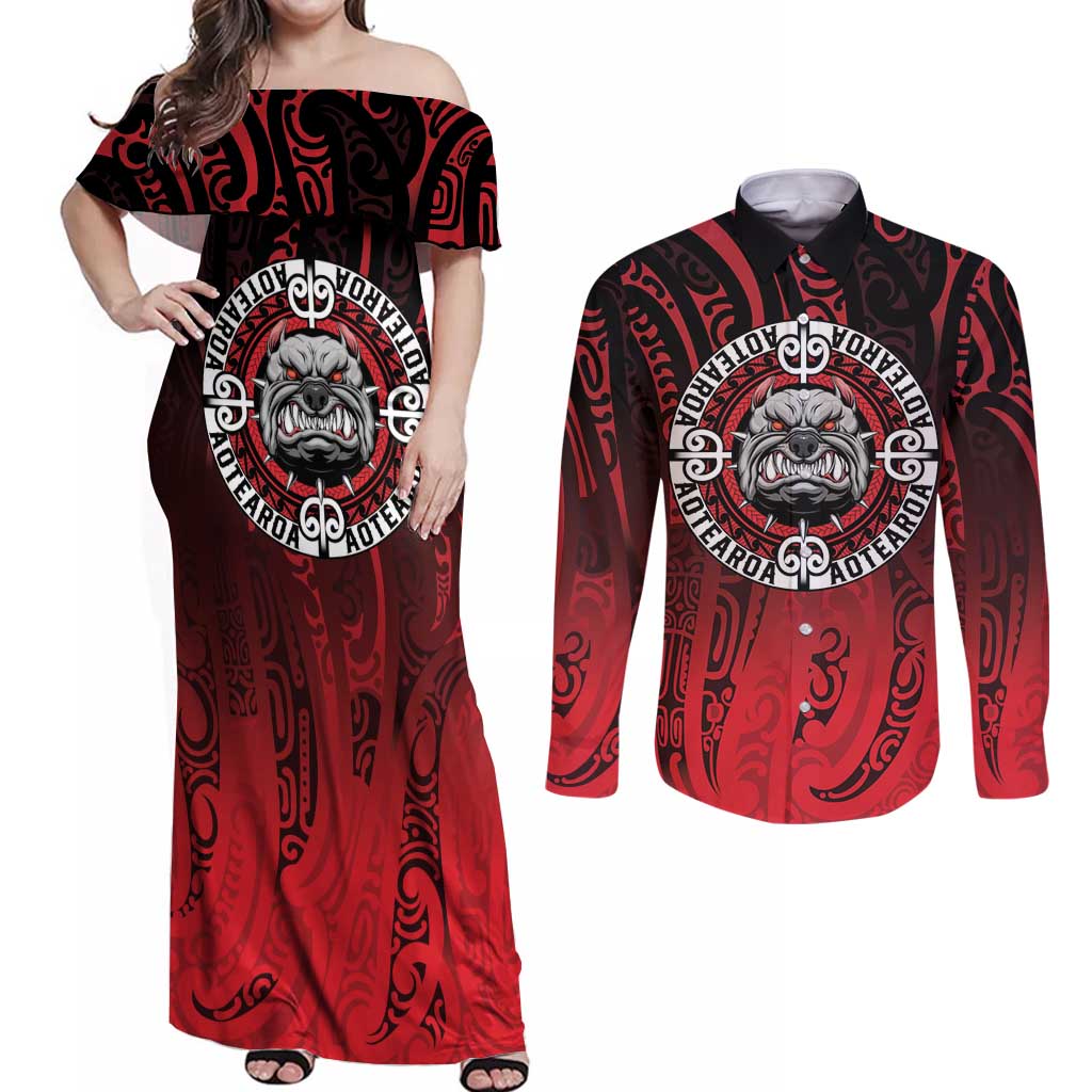 Aotearoa Bulldog Couples Matching Off Shoulder Maxi Dress and Long Sleeve Button Shirt New Zealand Kowhaiwhai Tribal LT9 Red - Polynesian Pride