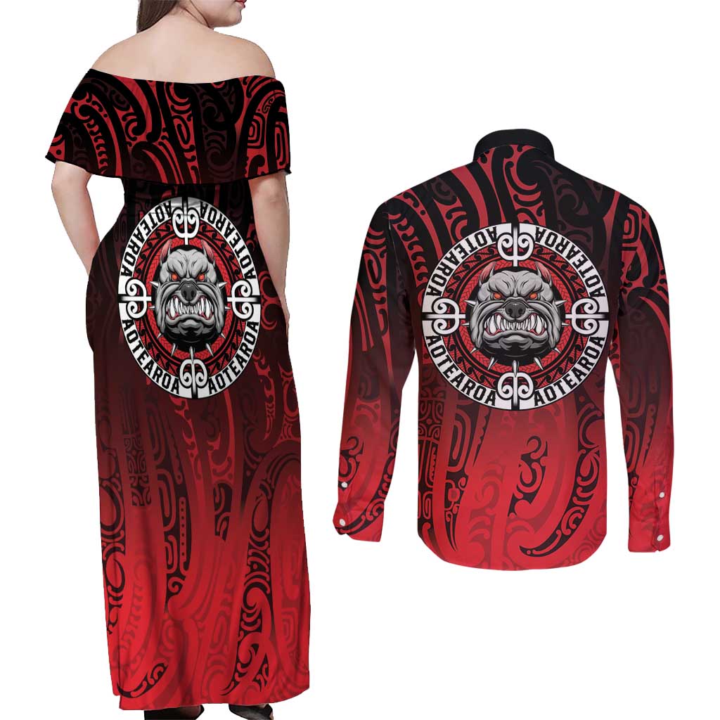 Aotearoa Bulldog Couples Matching Off Shoulder Maxi Dress and Long Sleeve Button Shirt New Zealand Kowhaiwhai Tribal LT9 - Polynesian Pride