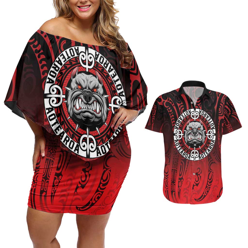 Aotearoa Bulldog Couples Matching Off Shoulder Short Dress and Hawaiian Shirt New Zealand Kowhaiwhai Tribal LT9 Red - Polynesian Pride