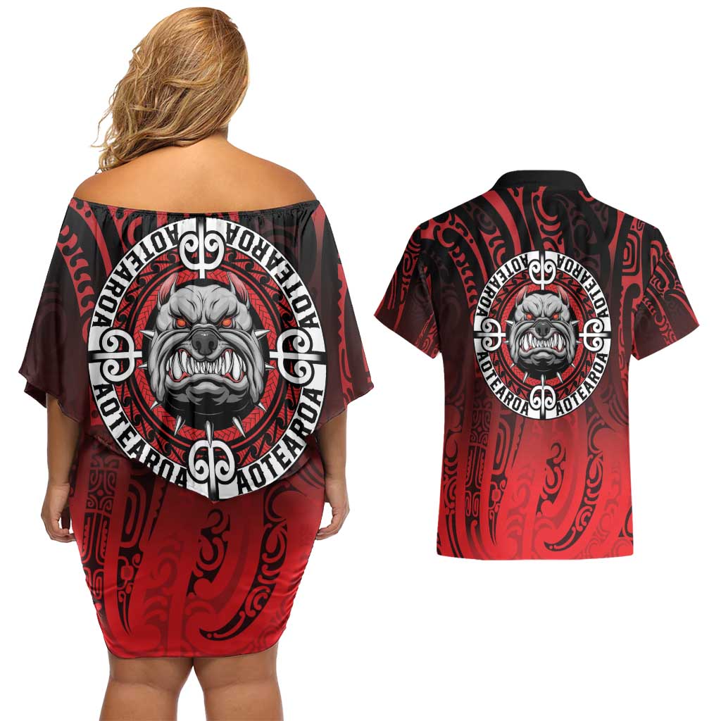 Aotearoa Bulldog Couples Matching Off Shoulder Short Dress and Hawaiian Shirt New Zealand Kowhaiwhai Tribal LT9 - Polynesian Pride