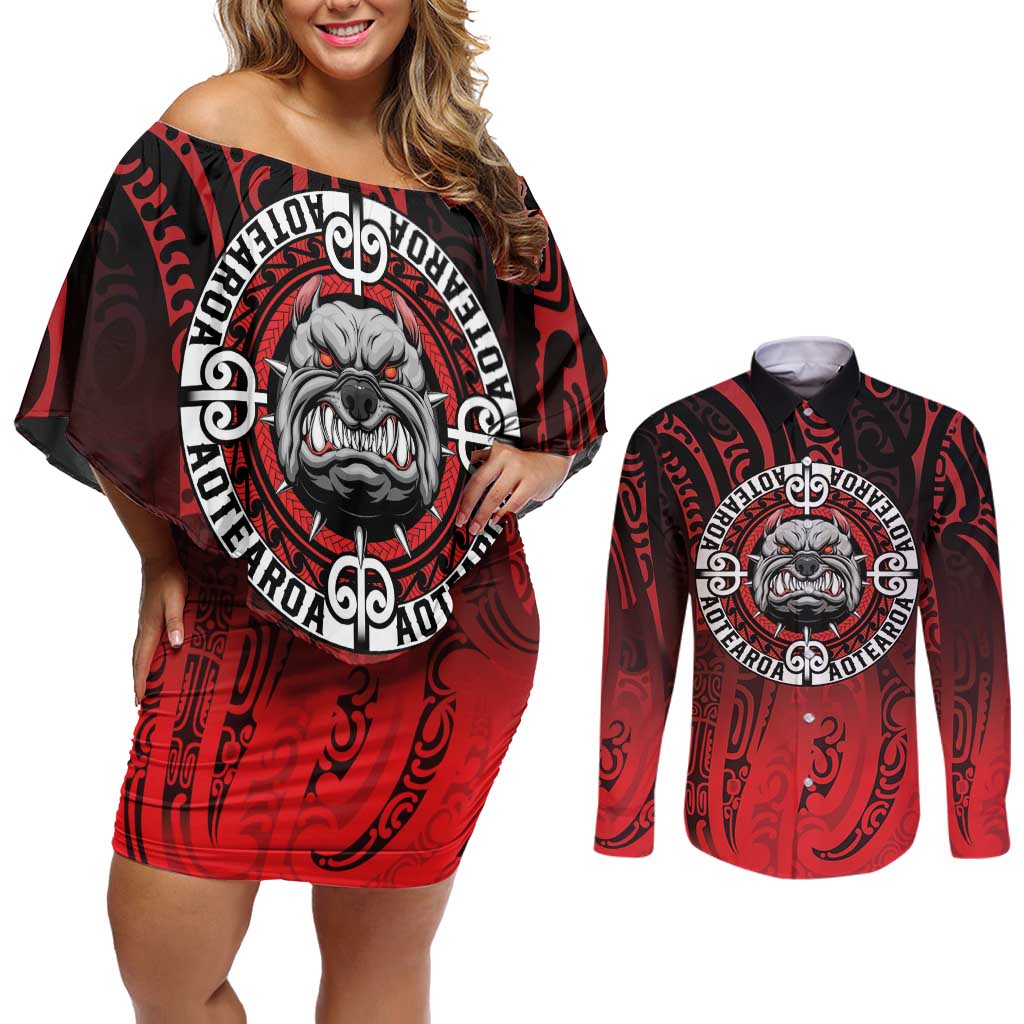 Aotearoa Bulldog Couples Matching Off Shoulder Short Dress and Long Sleeve Button Shirt New Zealand Kowhaiwhai Tribal LT9 Red - Polynesian Pride