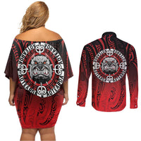 Aotearoa Bulldog Couples Matching Off Shoulder Short Dress and Long Sleeve Button Shirt New Zealand Kowhaiwhai Tribal LT9 - Polynesian Pride