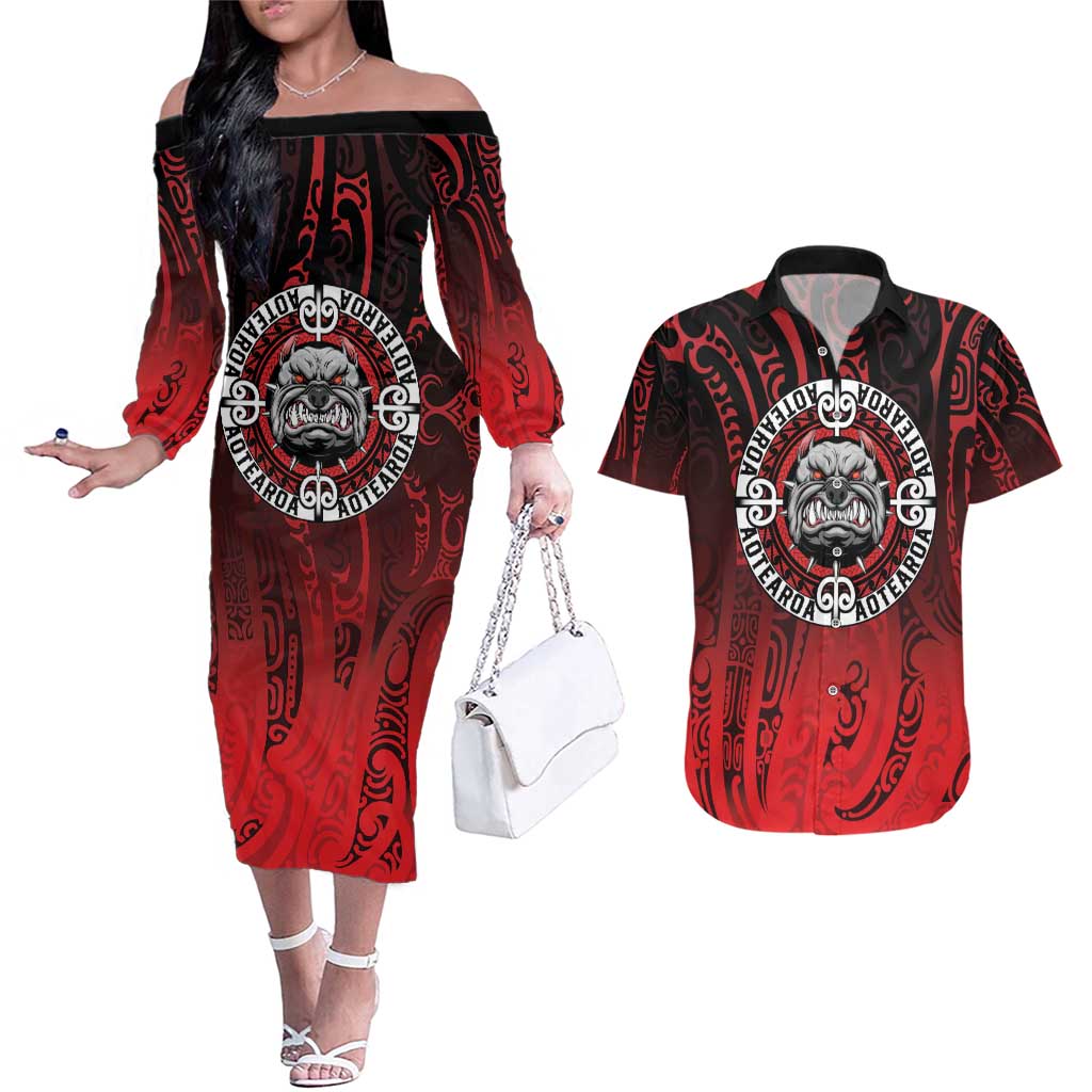 Aotearoa Bulldog Couples Matching Off The Shoulder Long Sleeve Dress and Hawaiian Shirt New Zealand Kowhaiwhai Tribal